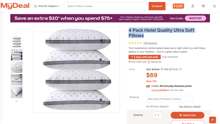 MyDeal: 4 Pack Hotel Quality Ultra Soft Pillows – $69